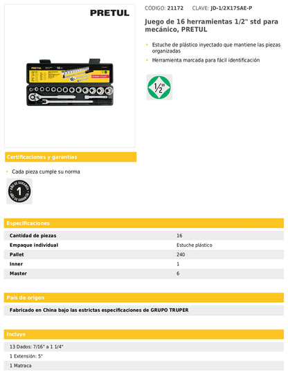 Juego de 16 herramientas mecánicas cuadro 1/2 en estándar con estuche plástico