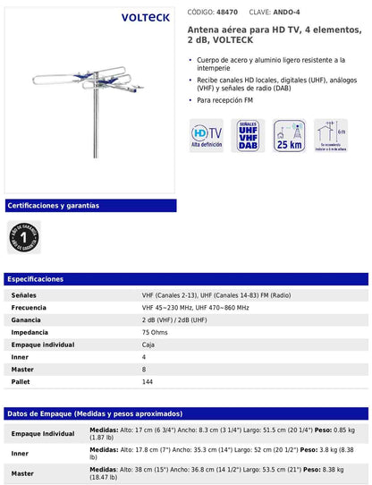 Antena aérea para HD TV de 4 elementos y 2 dB