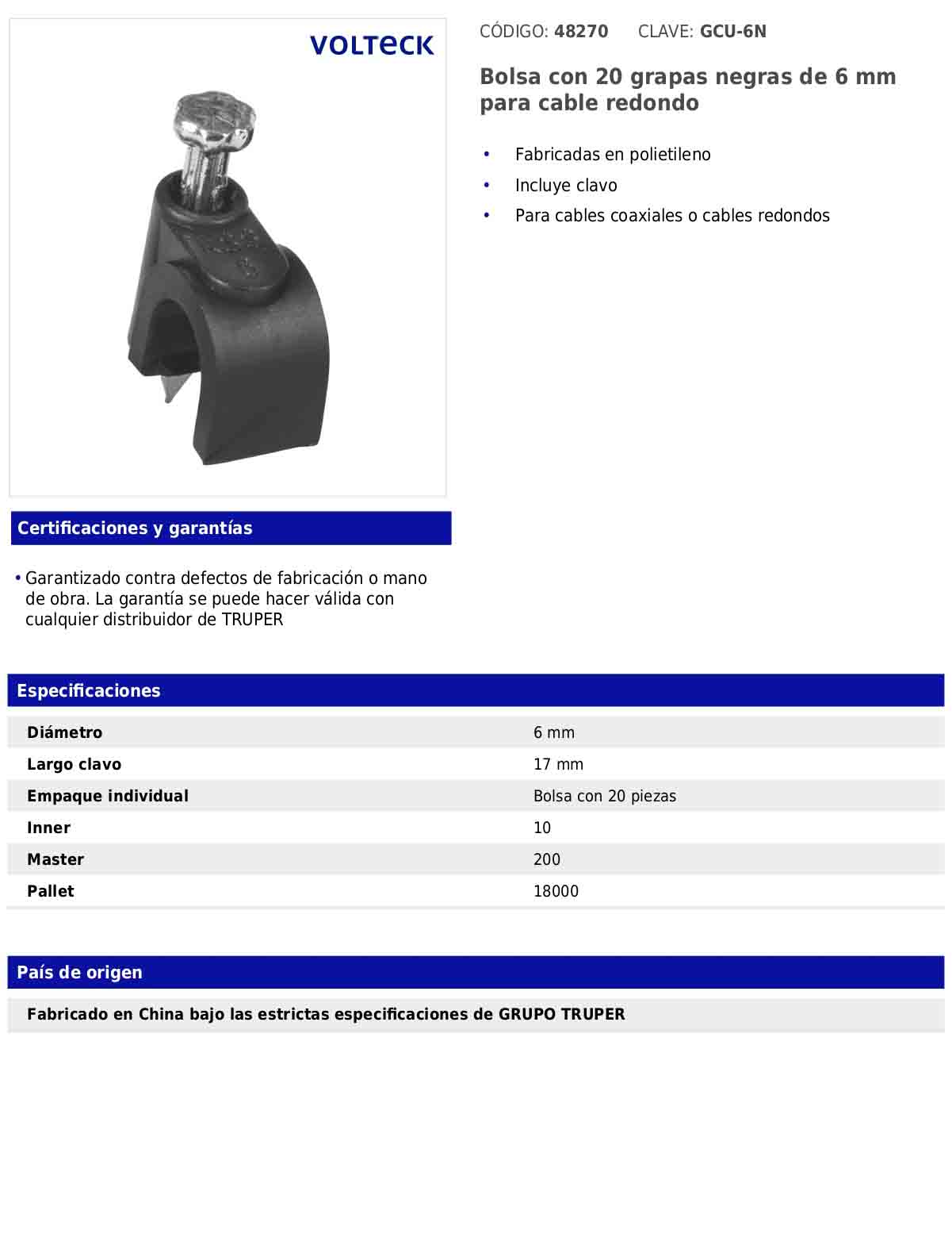 Bolsa con 20 grapas negras de 6 mm para cable redondo