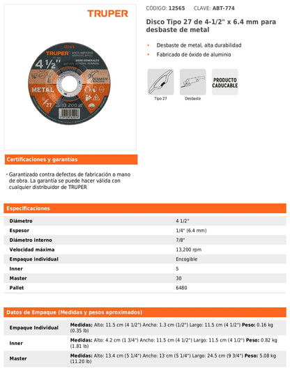 Disco Tipo 27 de 4 1/2 in para desbaste de metal
