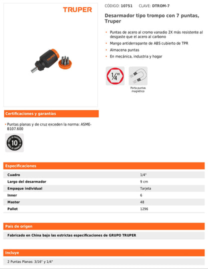 Desarmador tipo trompo con 7 puntas