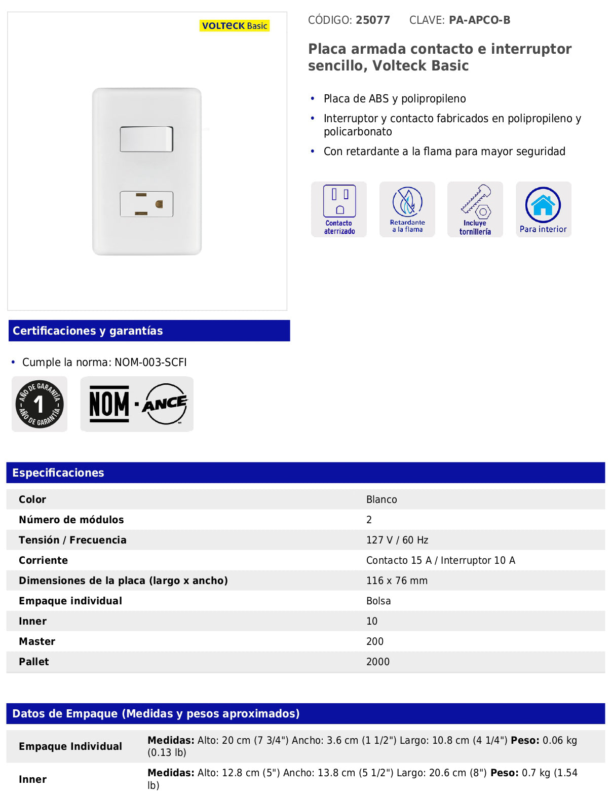 Placa armada con contacto e interruptor sencillo de línea Basic