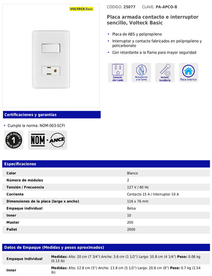 Placa armada con contacto e interruptor sencillo de línea Basic