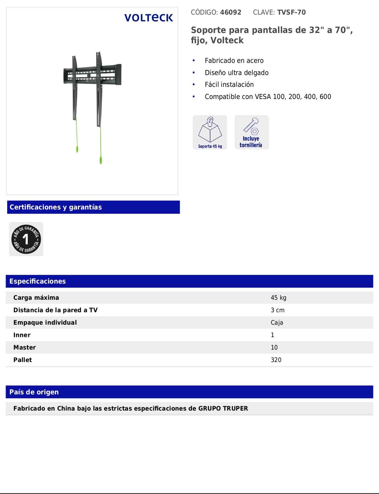 Soporte fijo para pantallas de 32 a 70 pulgadas