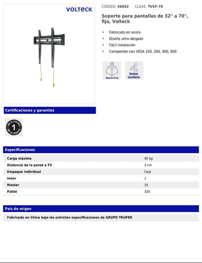 Soporte fijo para pantallas de 32 a 70 pulgadas