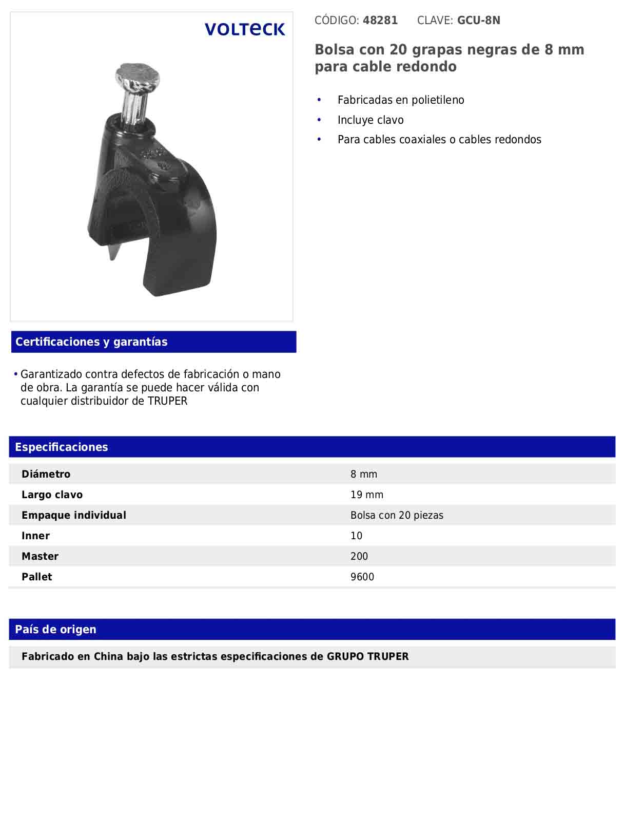 Bolsa con 20 grapas negras de 8 mm para cable redondo