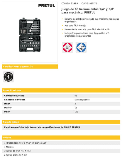 Juego de 66 herramientas mecánicas 1/4 y 3/8 en estuche plástico