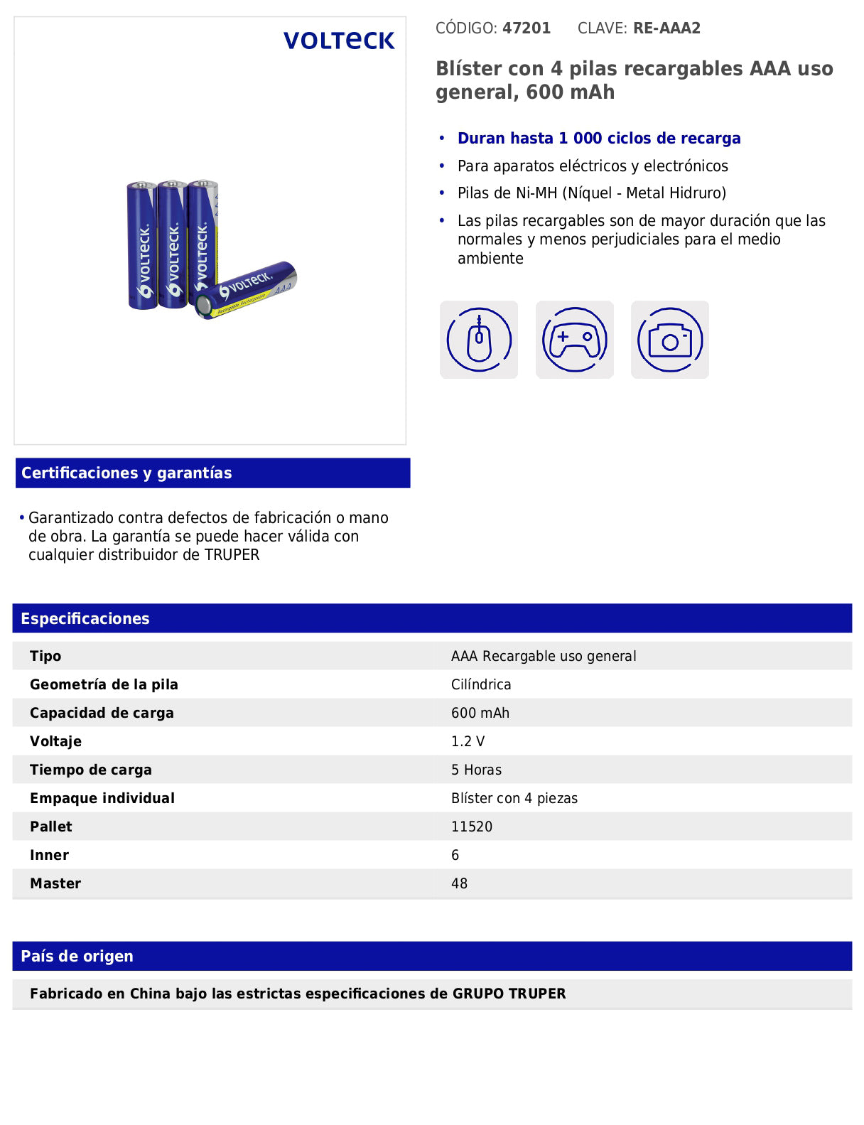 Blíster con 4 pilas recargables AAA de uso general de 600 mAh