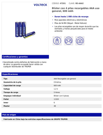 Blíster con 4 pilas recargables AAA de uso general de 600 mAh