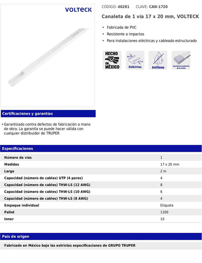 Canaleta de 1 vía de 17 × 20 mm con largo de 2 m