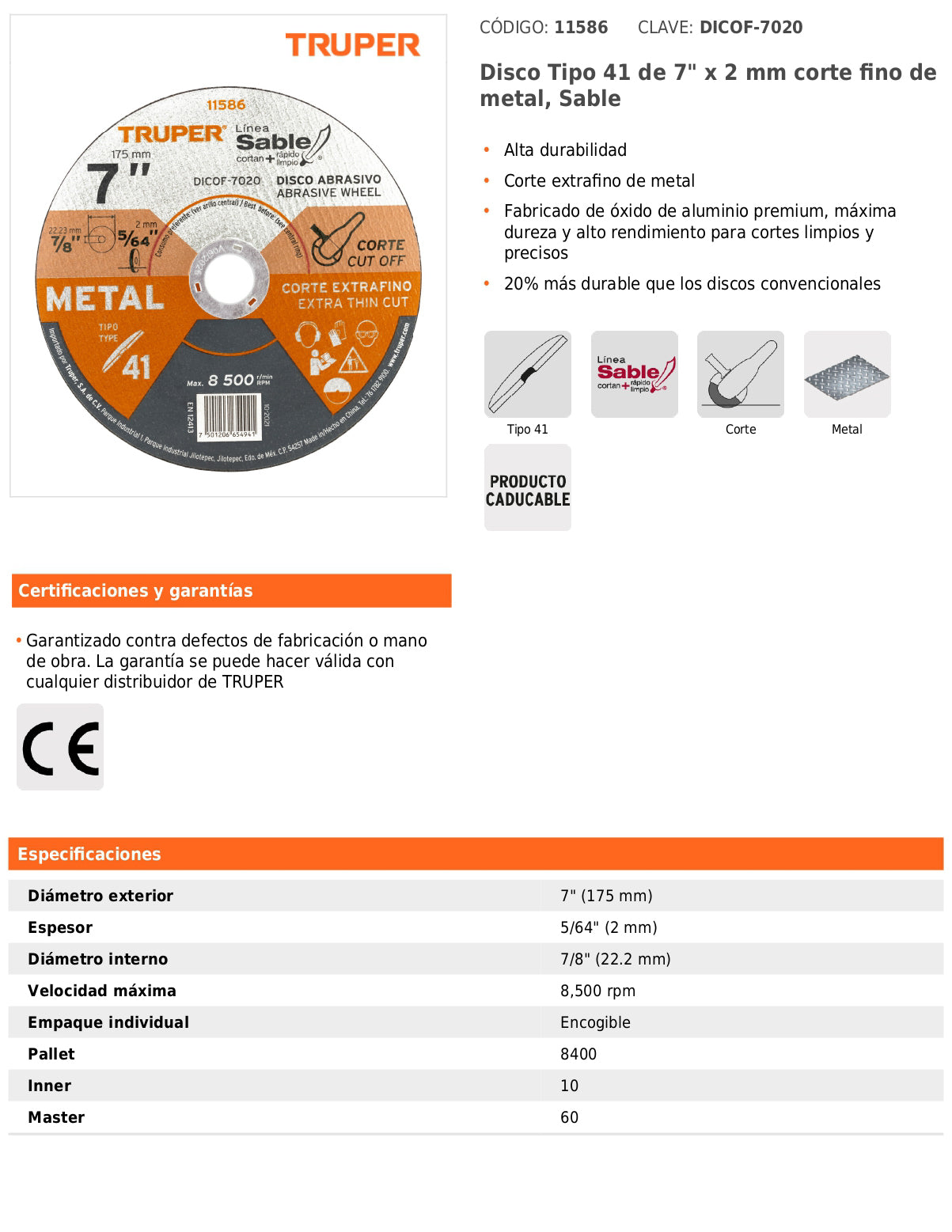 Disco Tipo 41 de 7 in para corte fino de metal