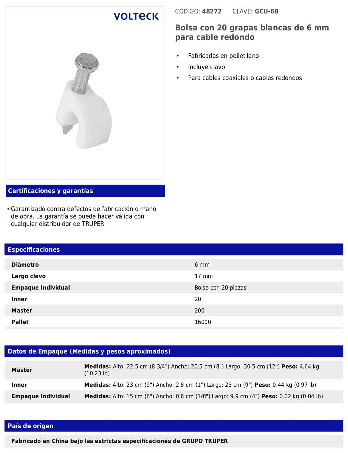 Bolsa con 20 grapas blancas de 6 mm para cable redondo