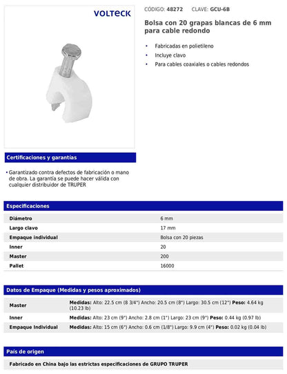 Bolsa con 20 grapas blancas de 6 mm para cable redondo
