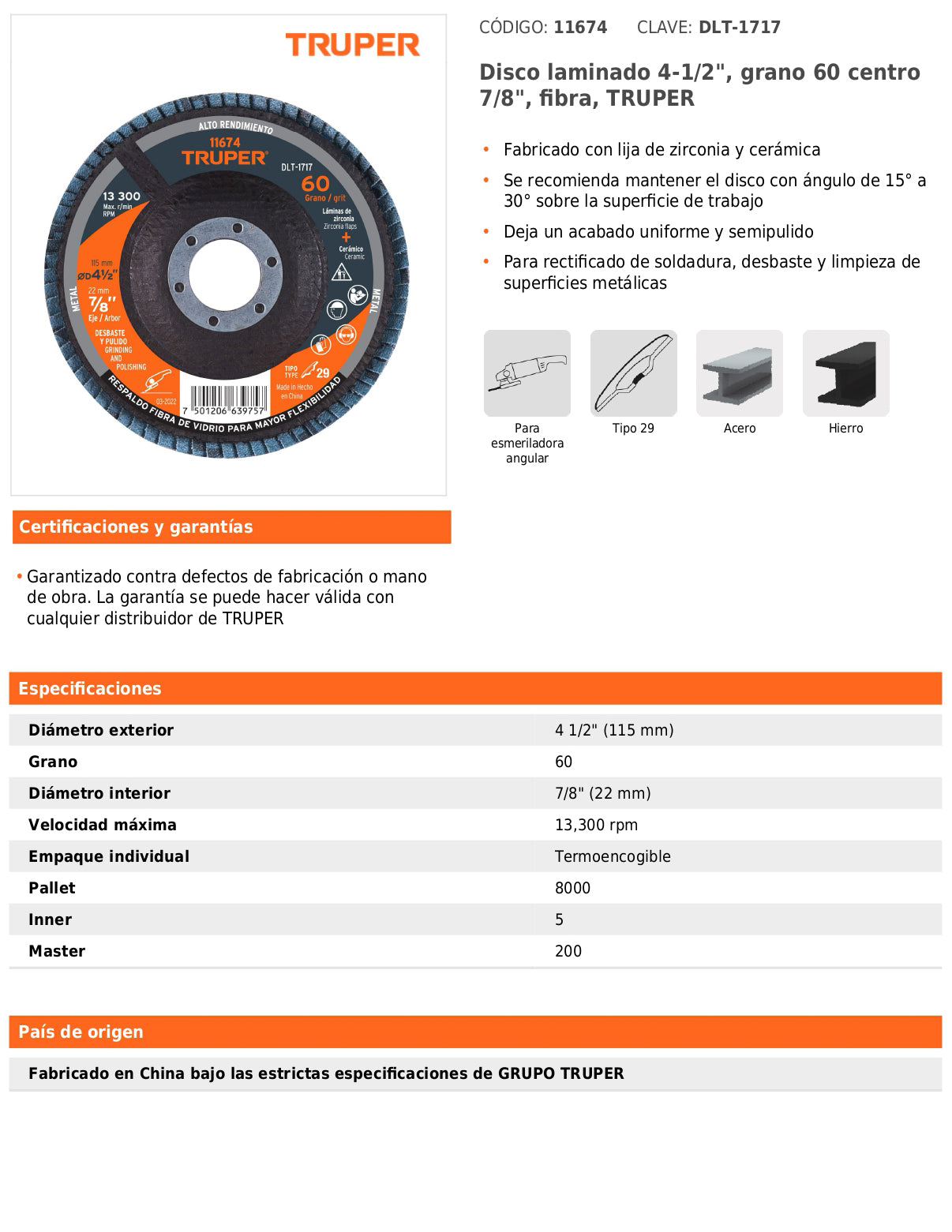Disco laminado de 4-1/2" grano 60 con centro 7/8"