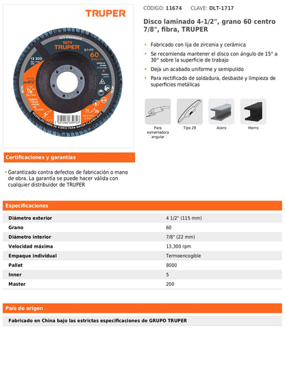 Disco laminado de 4-1/2" grano 60 con centro 7/8"
