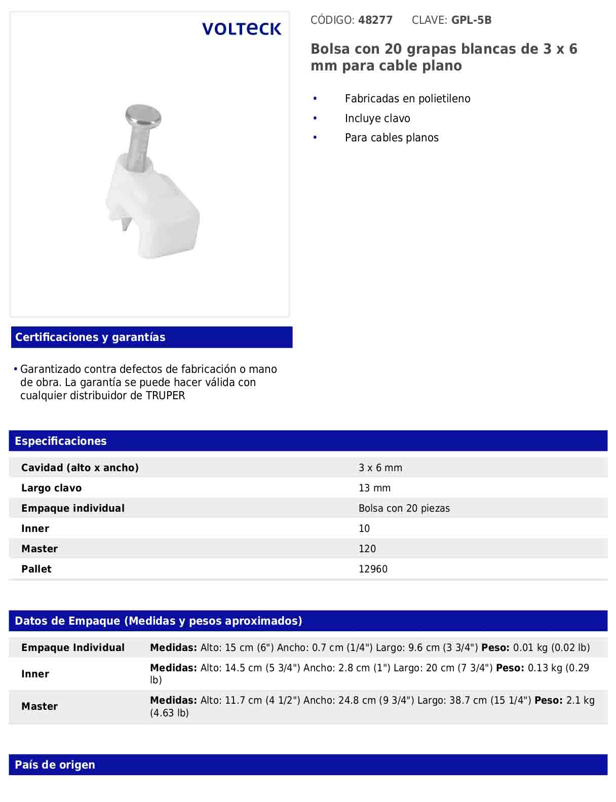 Bolsa con 20 grapas blancas de 3 × 6 mm para cable plano