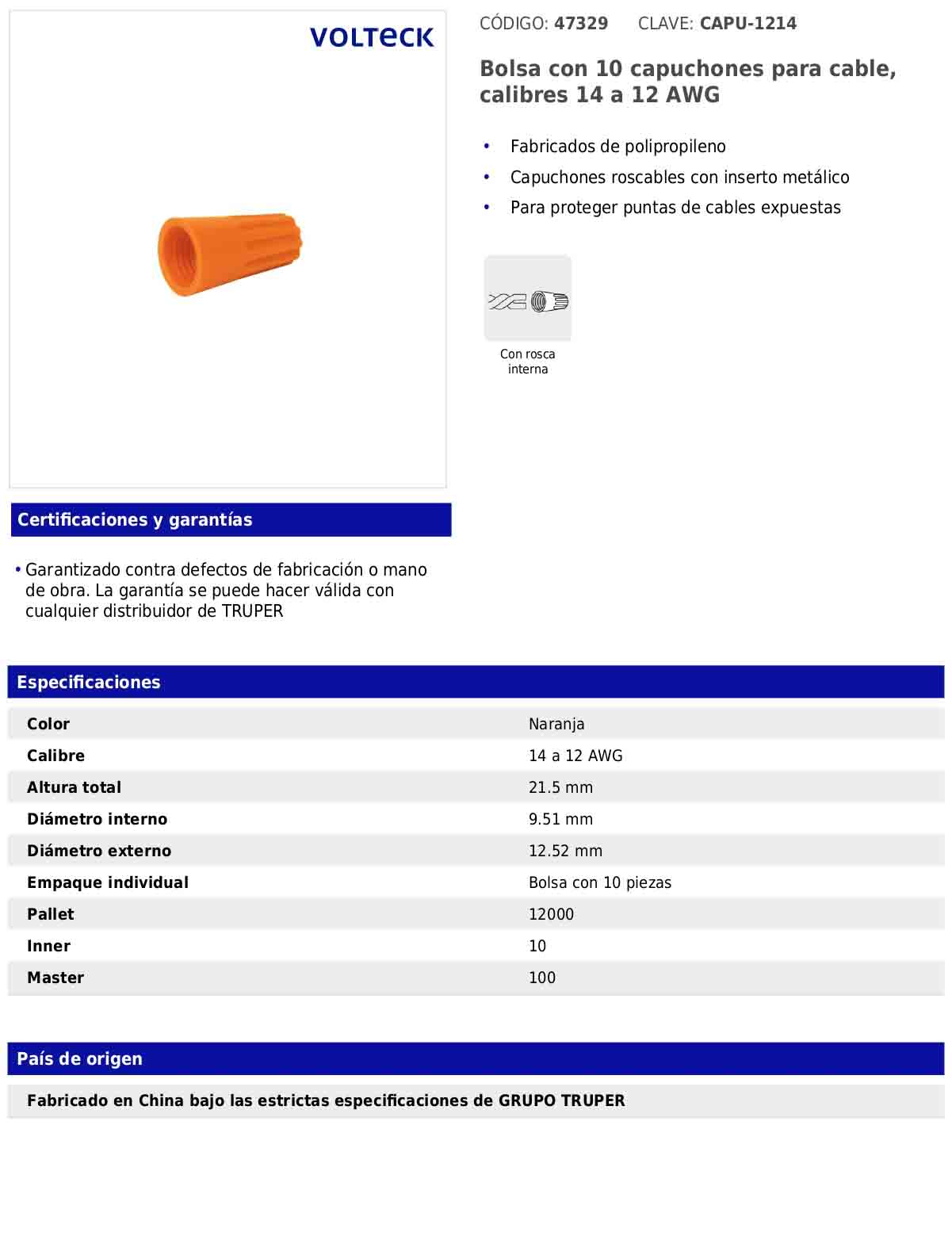 Bolsa con 10 capuchones para cable de calibres 14 a 12 AWG