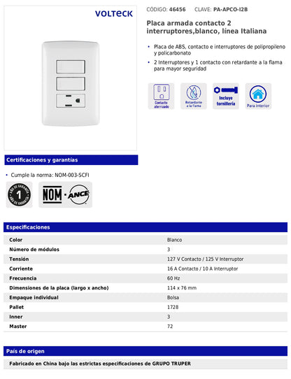 Placa armada con contacto y 2 interruptores de 127 V y 16 A con placa blanca