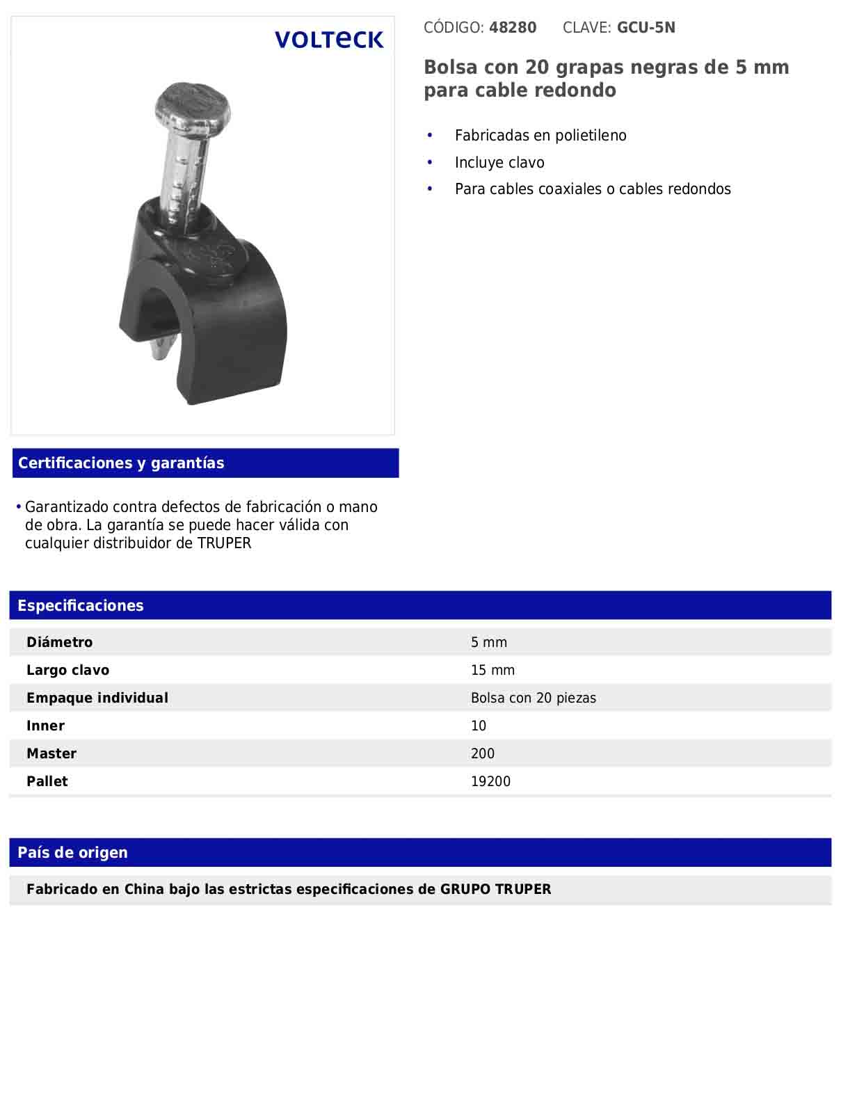 Bolsa con 20 grapas negras de 5 mm para cable redondo