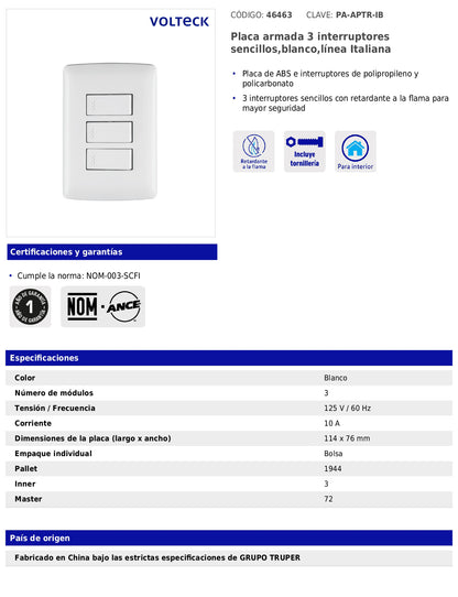 Placa armada con 3 interruptores sencillos de 125 V y 10 A con placa blanca