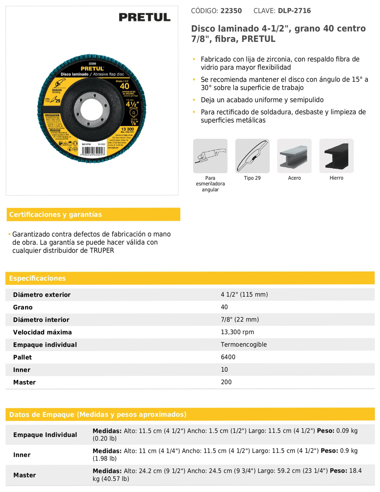 Disco laminado de 4-1/2" grano 40 con centro 7/8"