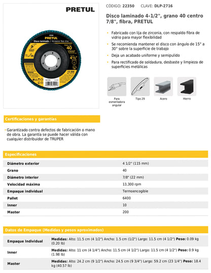 Disco laminado de 4-1/2" grano 40 con centro 7/8"