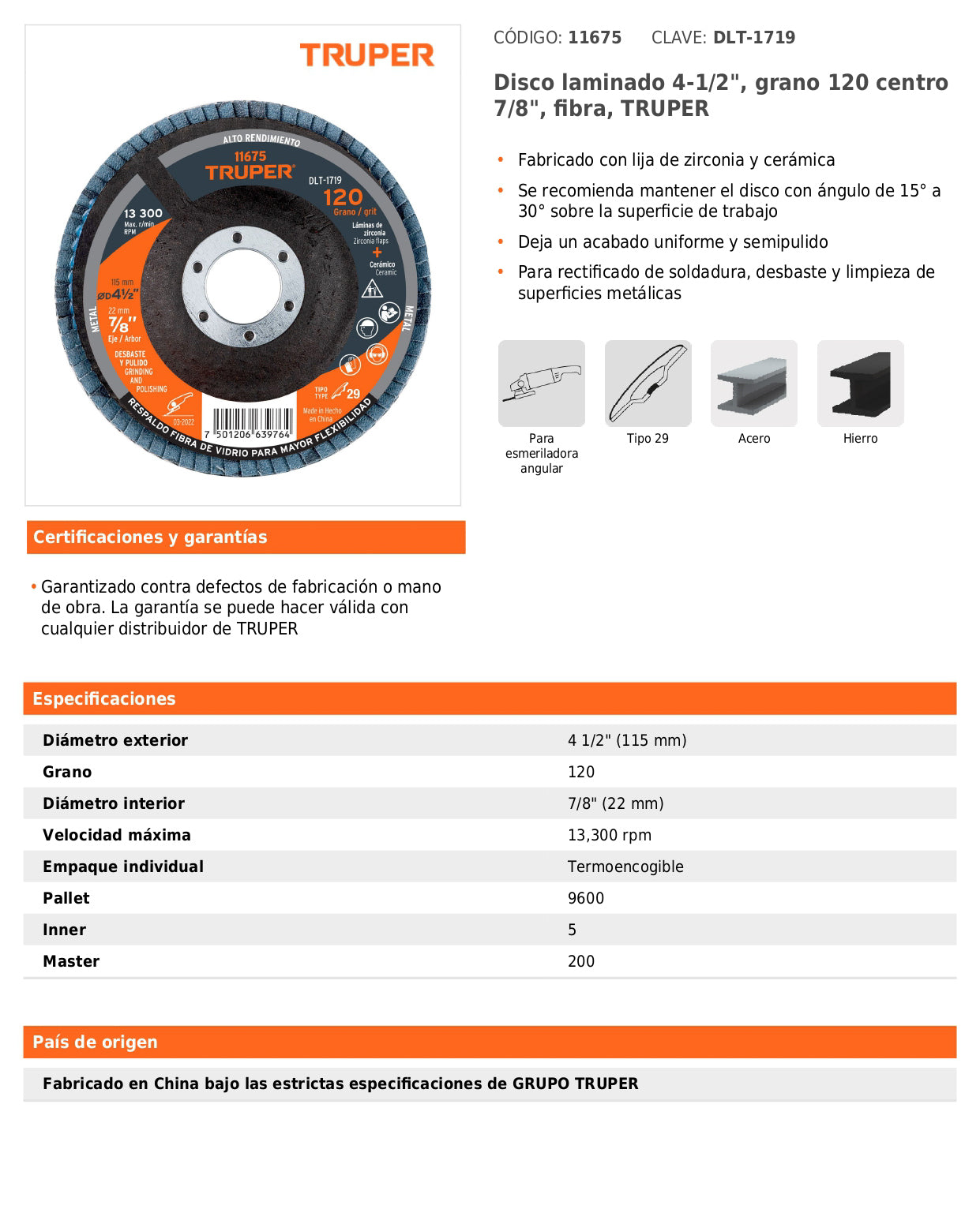 Disco laminado de 4-1/2" grano 120 con centro 7/8"