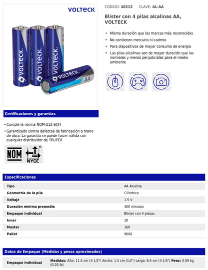 Blíster con 4 pilas alcalinas AA