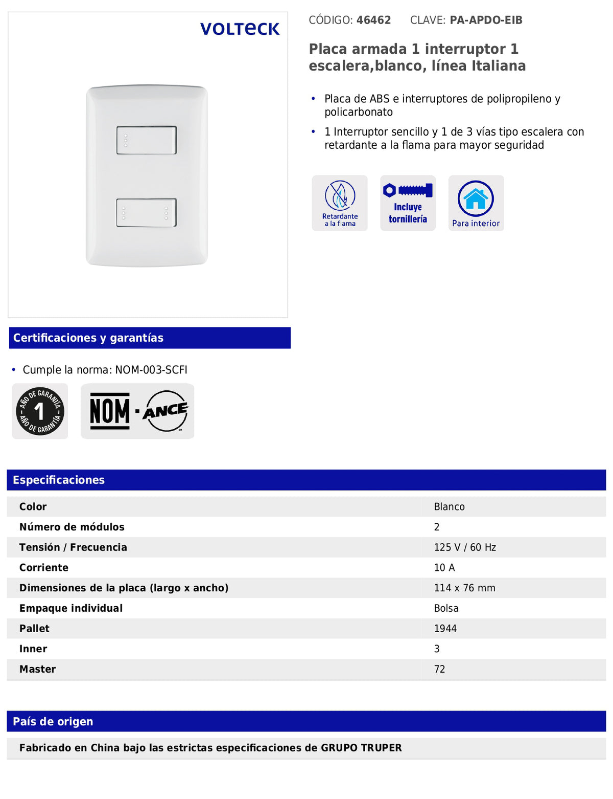 Placa armada con interruptor sencillo y escalera para línea Italiana