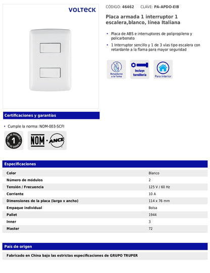 Placa armada con interruptor sencillo y escalera para línea Italiana