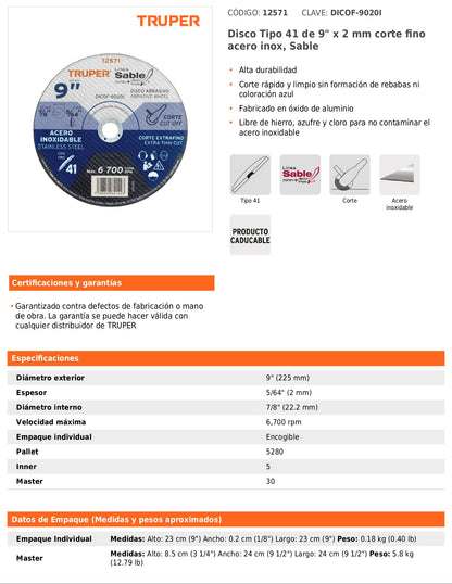 Disco Tipo 41 de 9 in para corte fino de acero inoxidable