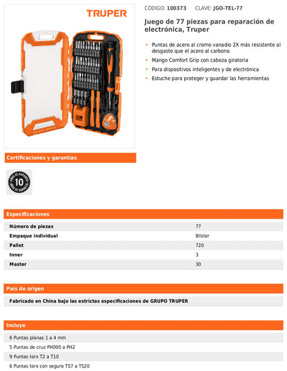 Juego de 77 piezas para reparación de electrónica