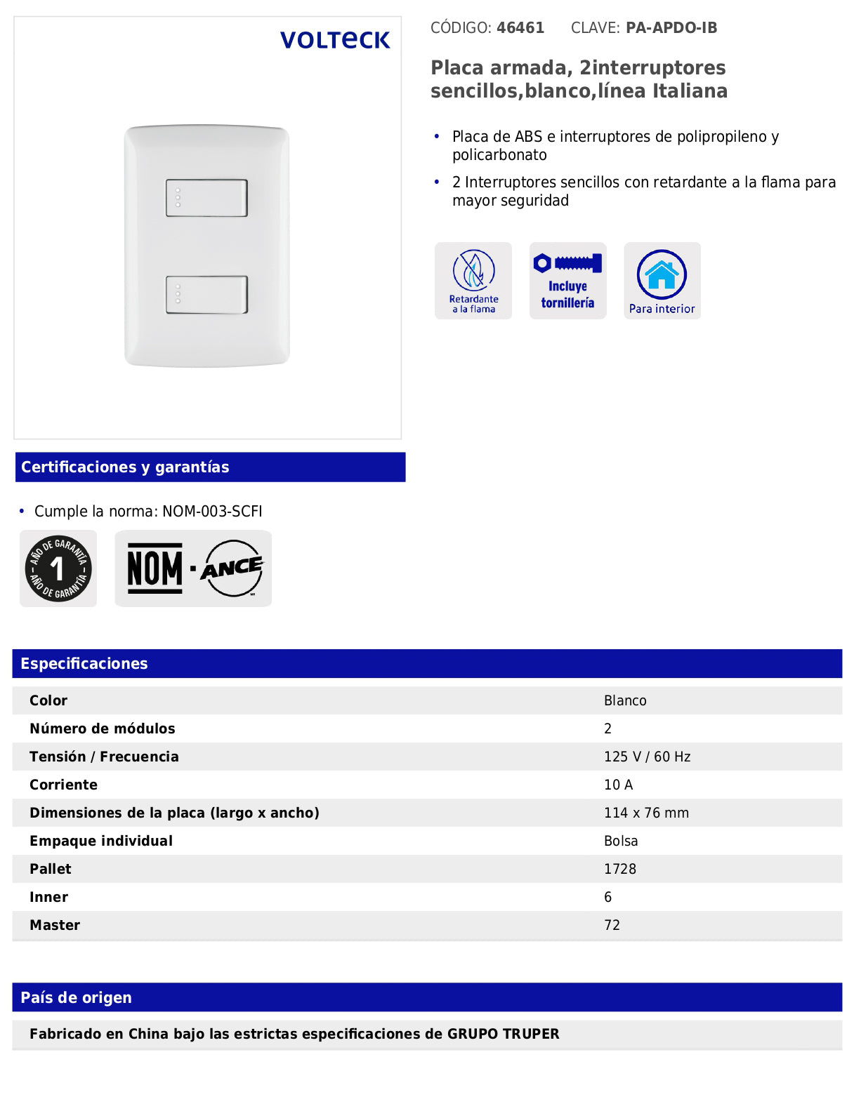 Placa armada con 2 interruptores sencillos para línea Italiana