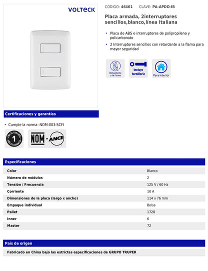 Placa armada con 2 interruptores sencillos para línea Italiana