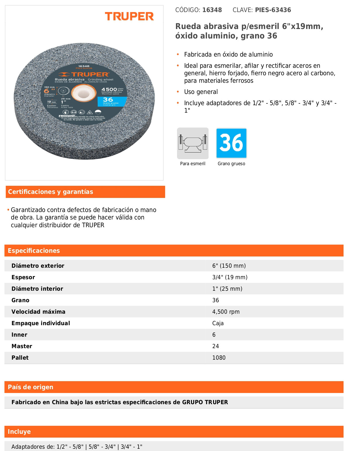 Rueda abrasiva para esmeril de 6" con grano 36
