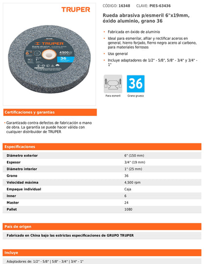 Rueda abrasiva para esmeril de 6" con grano 36