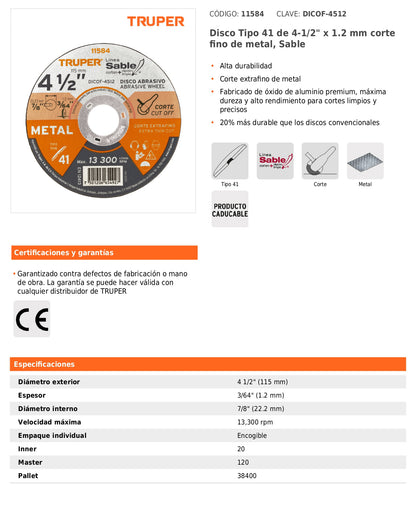 Disco Tipo 41 de 4 1/2 in para corte fino de metal