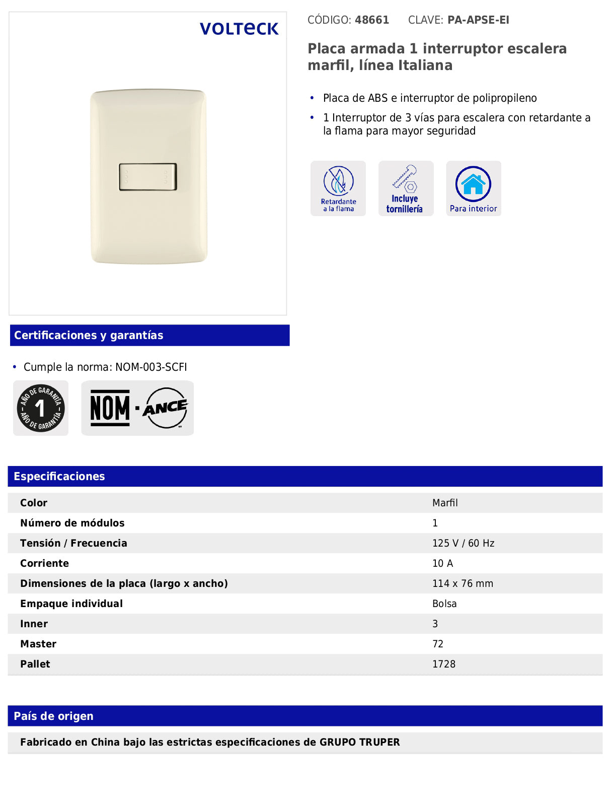 Placa armada con interruptor escalera para línea Italiana