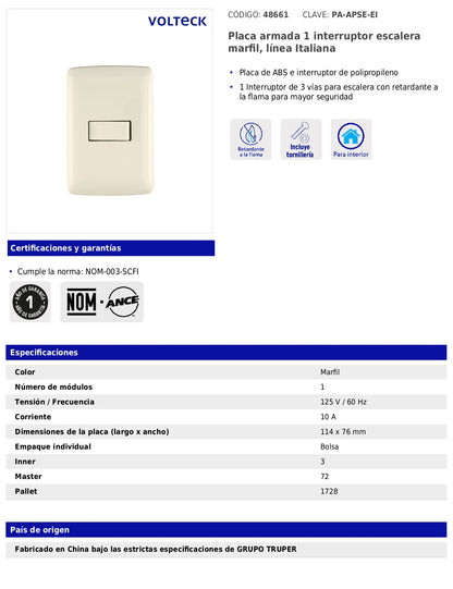 Placa armada con interruptor escalera para línea Italiana