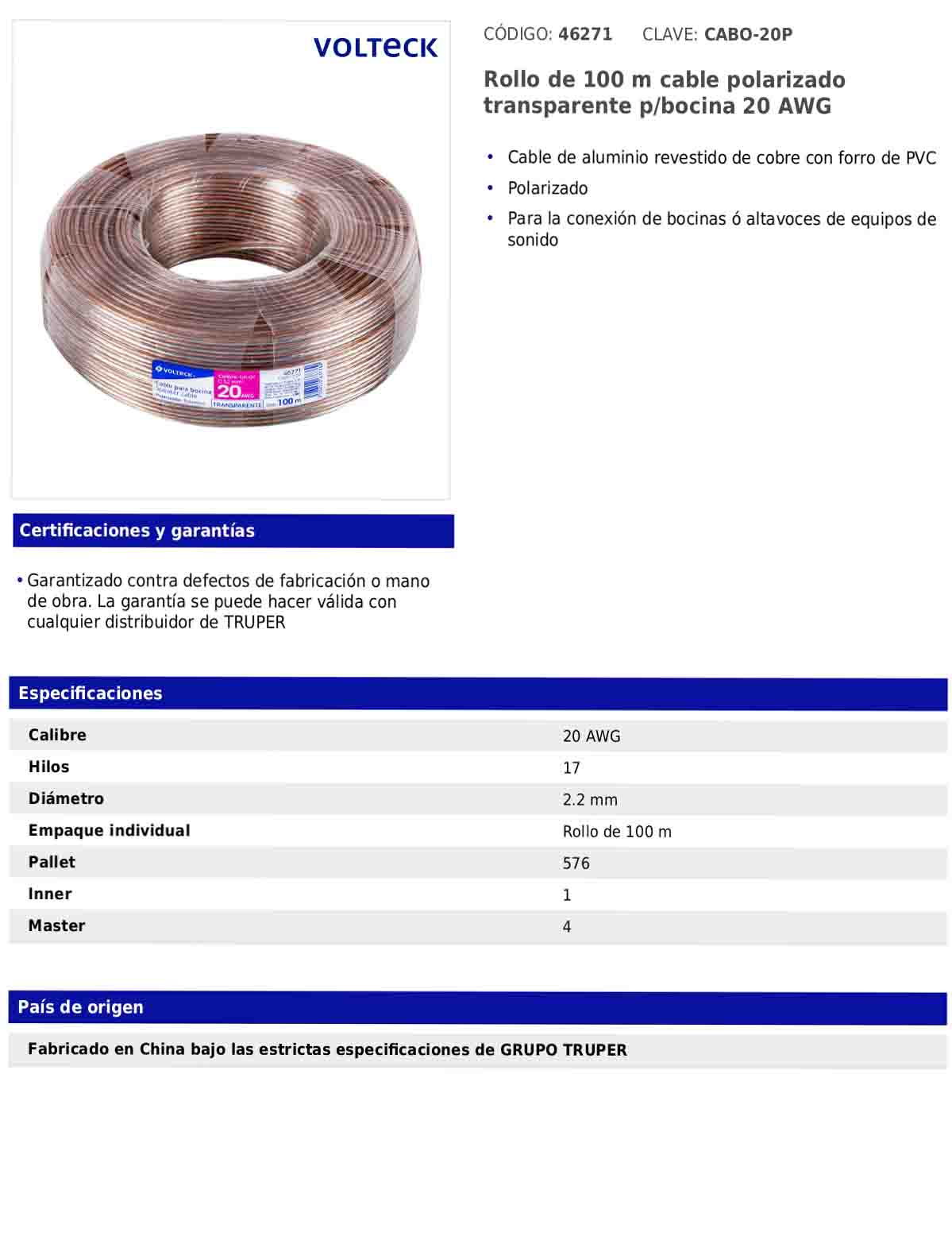 Rollo de 100 m de cable polarizado transparente para bocina 20 AWG