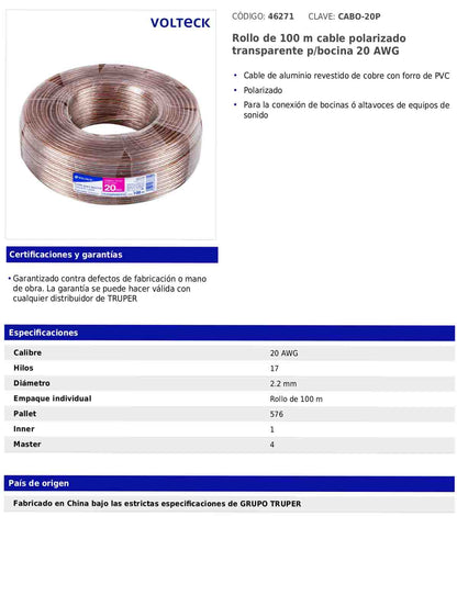 Rollo de 100 m de cable polarizado transparente para bocina 20 AWG