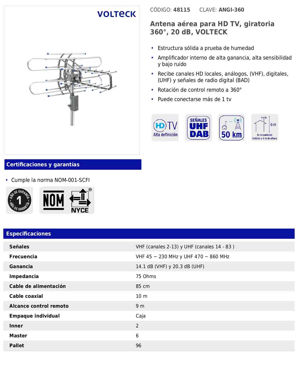 Antena aérea giratoria para HD TV de 360° y 20 dB