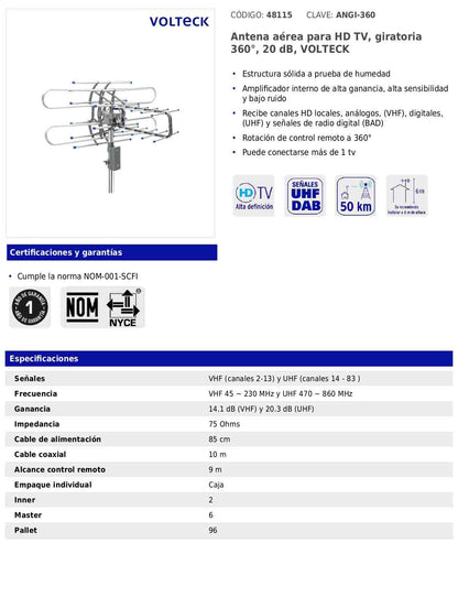 Antena aérea giratoria para HD TV de 360° y 20 dB