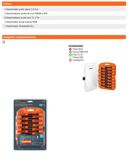 Juego con 15 desarmadores de precisión