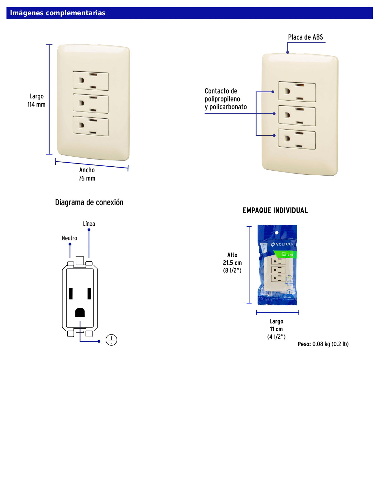 Placa armada con 3 contactos aterrizados de 127 V y 16 A con placa marfil