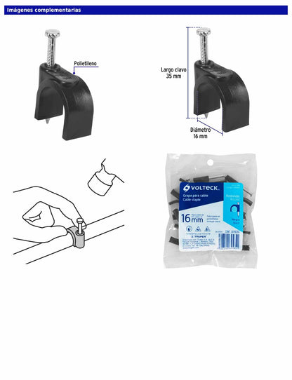 Bolsa con 20 grapas negras de 16 mm para cable redondo