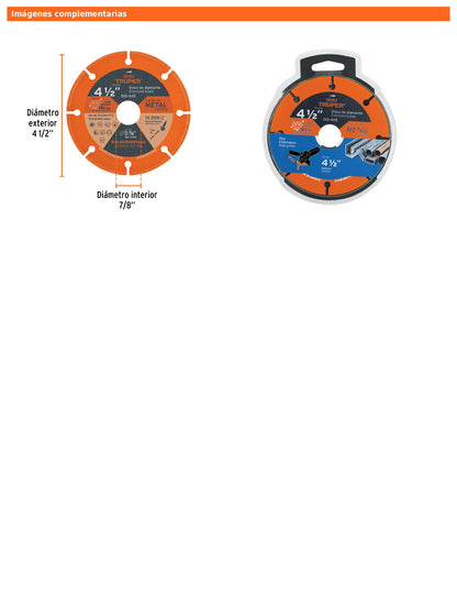 Disco de diamante de 4-1/2" para corte de metal con espesor 1.6 mm