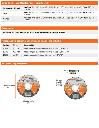 Disco Tipo 41 de 4 1/2 in para corte fino de metal