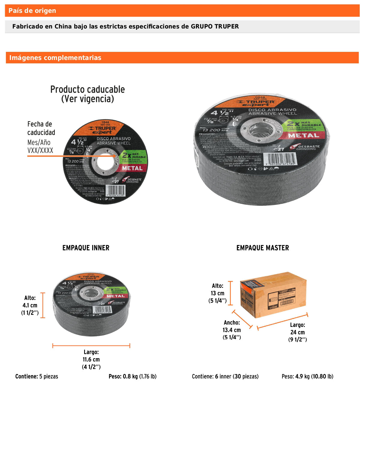 Disco tipo 27 de 4-1/2" para desbaste de metal con espesor 6.4 mm