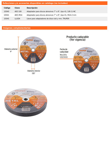 Disco Tipo 41 de 9 in para corte fino de metal